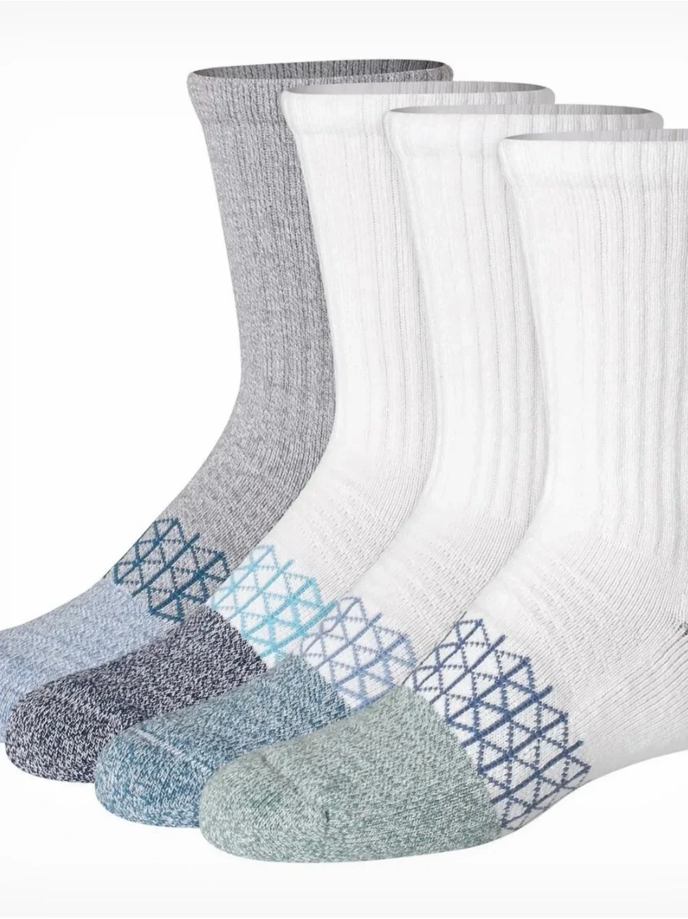 New Hanes White Crew Athletic Socks with Blue and Gray Accents. Boys size 3-9.